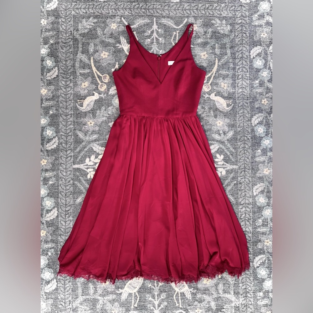 DRESS THE POPULATION Alicia Dress Garnet v neck A-Line lace trim evening dress
